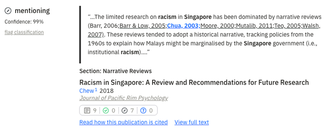 Screenshot of scite showing a 2018 paper by Chew on the topic of racisim in Singapore