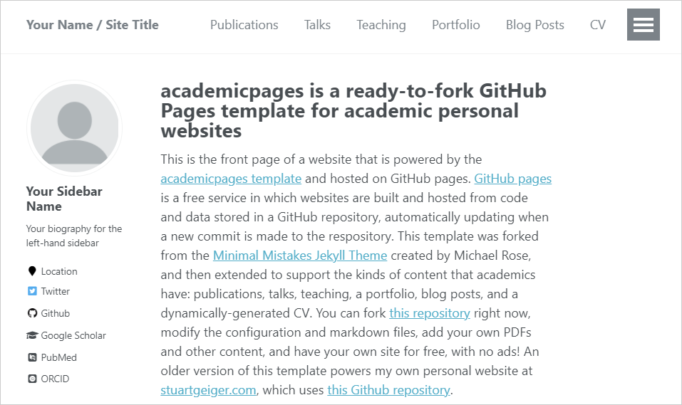 Screenshot of academicpages, a GitHub Pages template