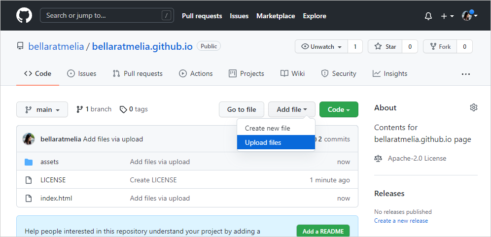 Screenshot of how to upload html that you created to GitHub