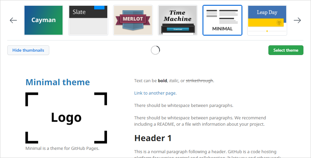 Screenshot of the theme selection page in GitHub