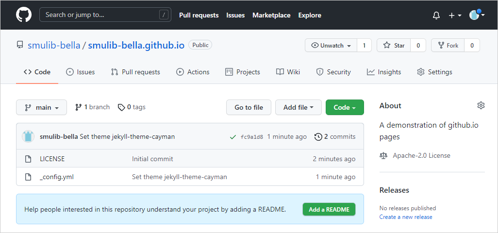 Screenshot of GitHub repository page after the theme has been selected