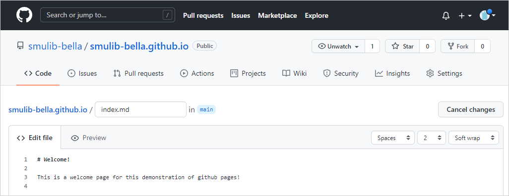 Screenshot of how to create an index.md page on GitHub repository