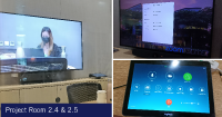 Montage of a Zoom session in progress and the control panel to set up a Zoom -enabled project room