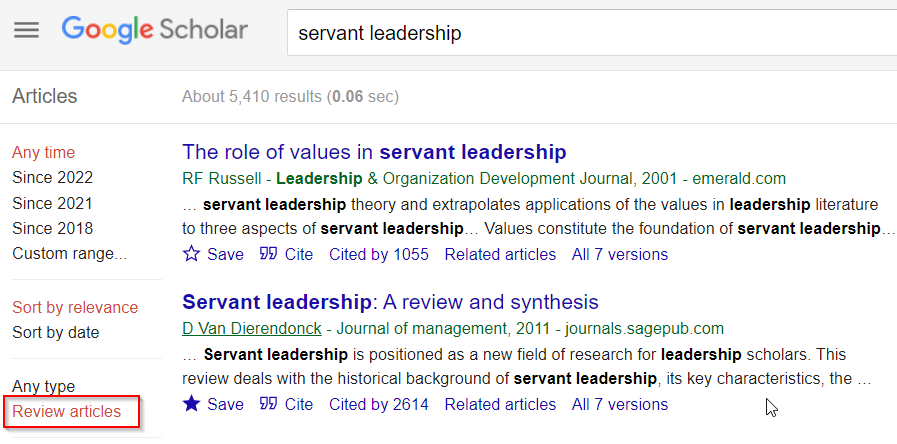 The Review articles type facet is located on the left navigation of Google Scholar. 
