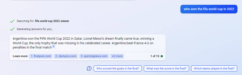 Screenshot of Bing providing the direct answer to the question Who won the FIFA World Cup in 2022?