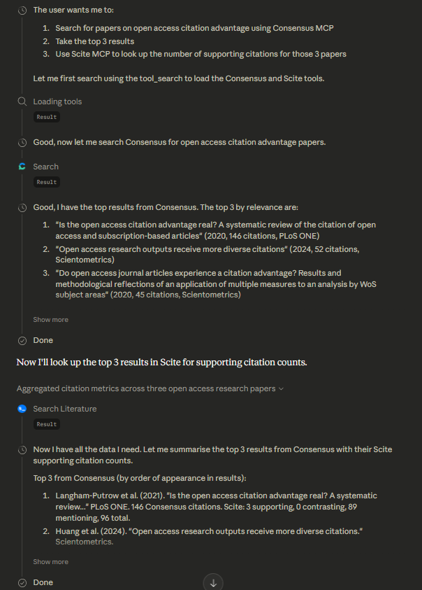 Screenshot showing Claude reasoning through steps and calling both Consensus and Scite to accomplish a multi-step task