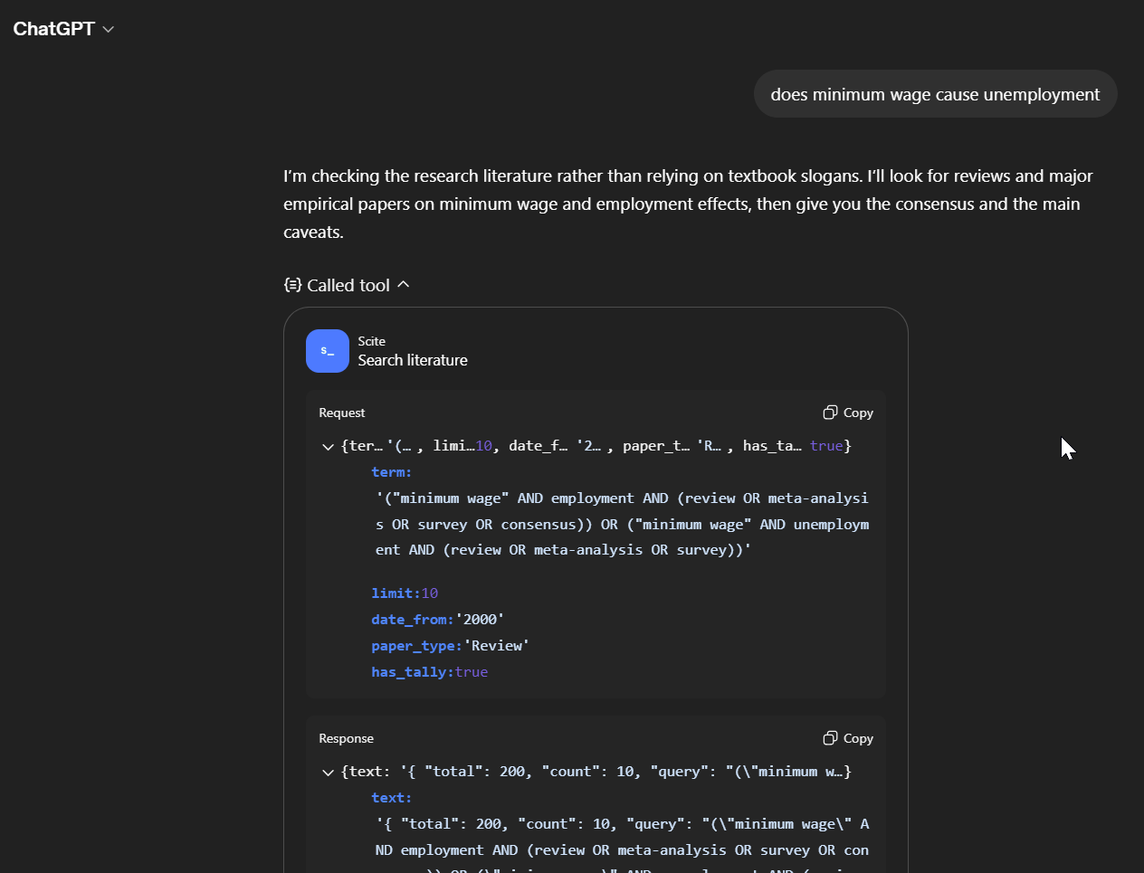 Screenshot showing ChatGPT's Scite MCP request and response in JSON