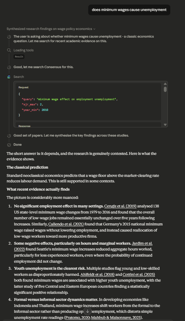 Screenshot showing Claude's response using the Consensus MCP server