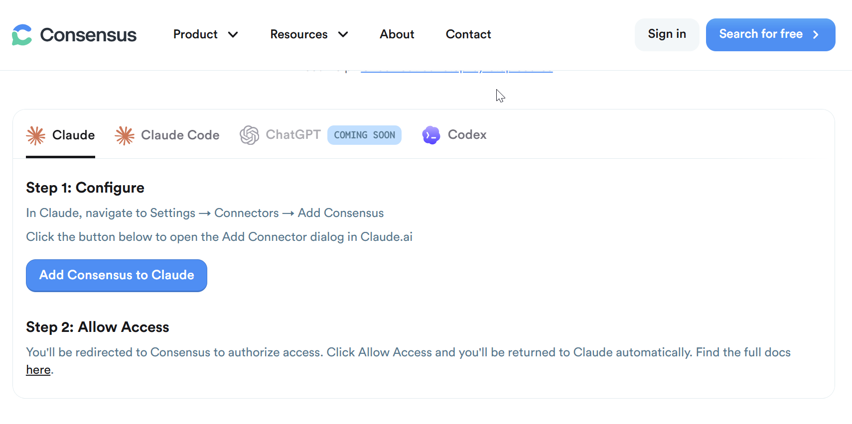 Screenshot of adding Consensus in Claude.ai connectors