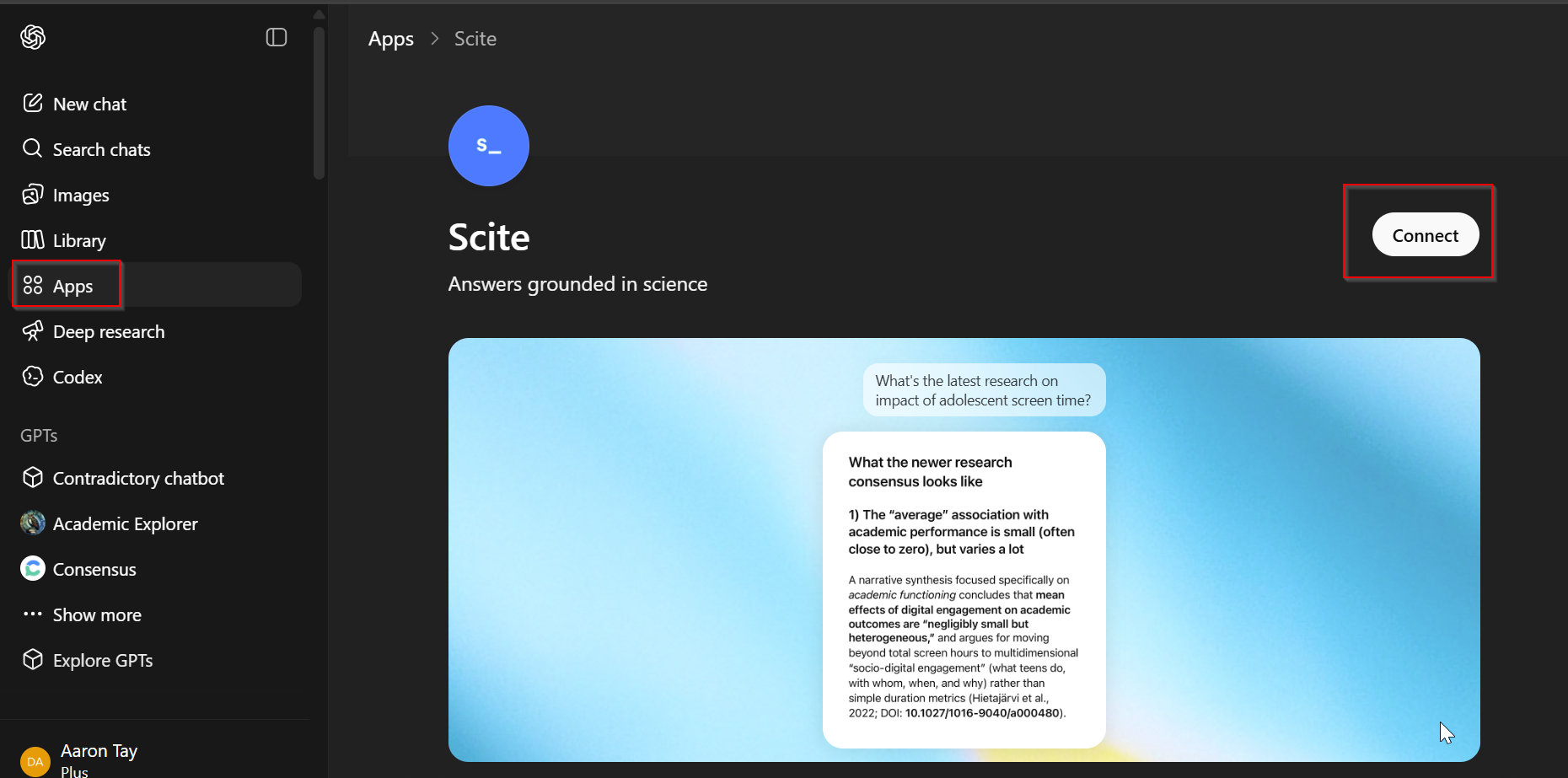 Screenshot of ChatGPT Apps search showing the scite connector
