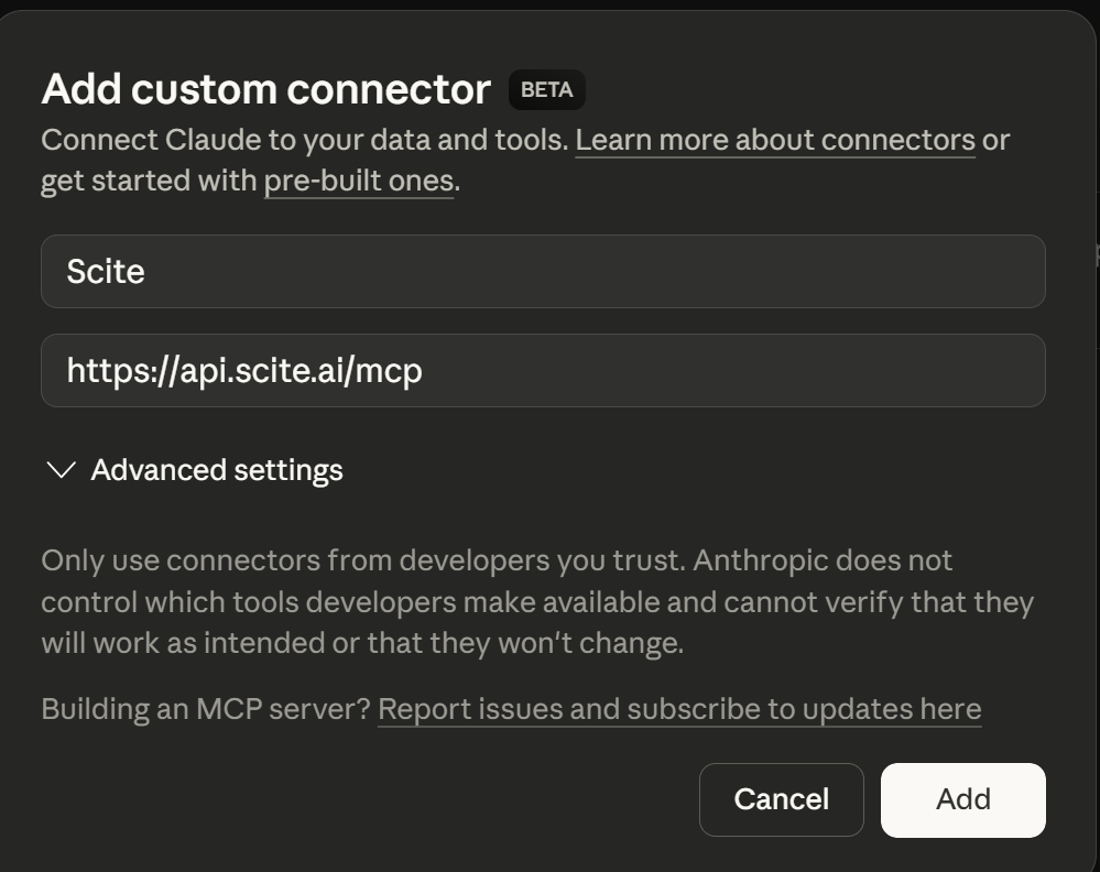 Screenshot of adding Scite as a custom MCP server in Claude.ai