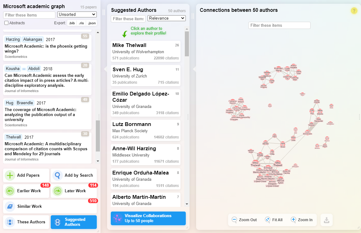 Screenshot of adding papers using suggested authors