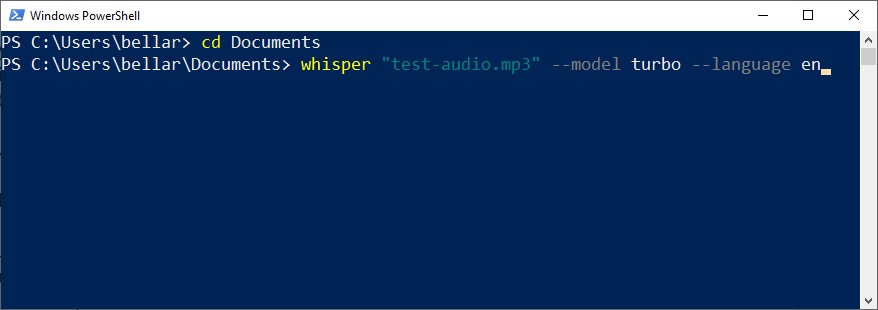 PowerShell Whisper transcription command