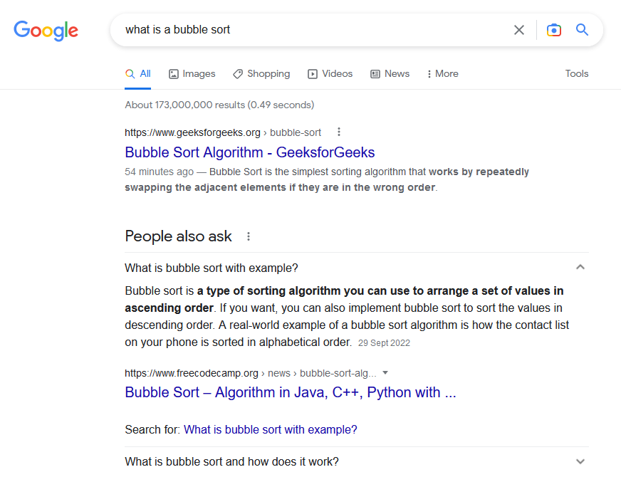 Google result on the definition of Bubble Sort Algorithm