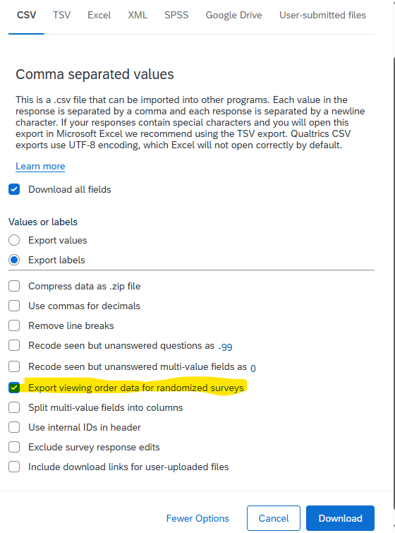 Screenshot showing export window with randomised viewing order option