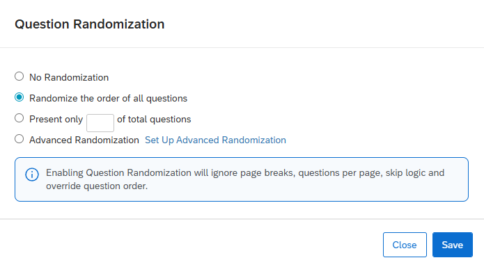 Screenshot showing randomisation options tab