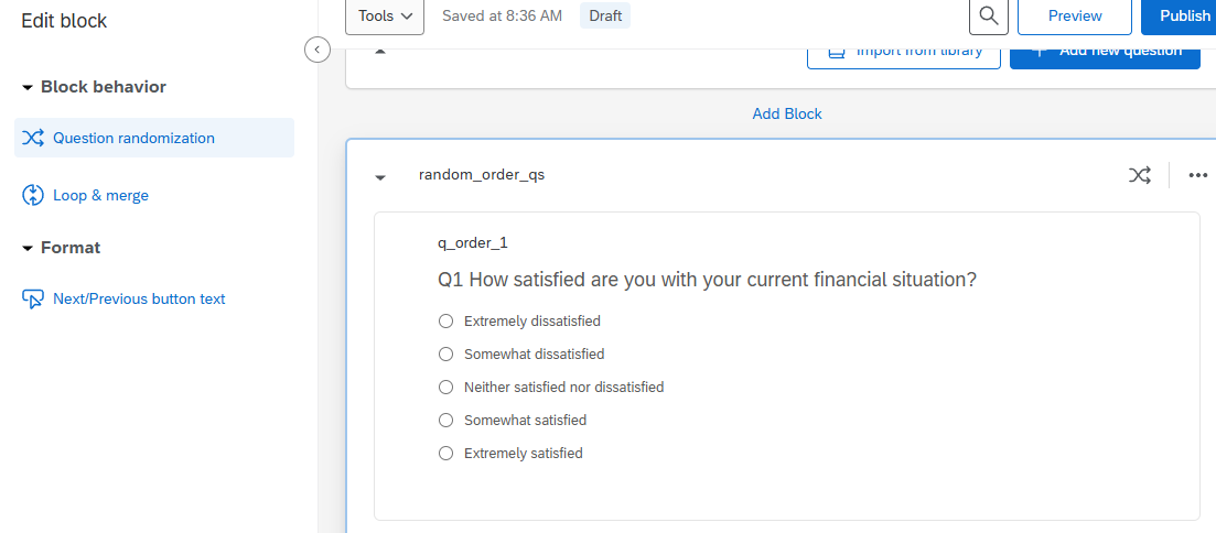 Screenshot showing Block Options and Question Randomisation selection