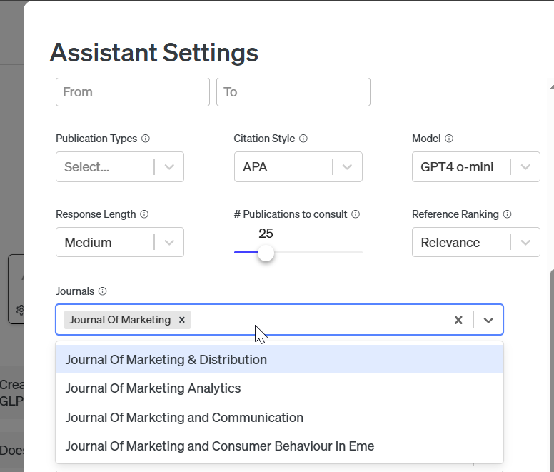 Scite assistant journal filter settings