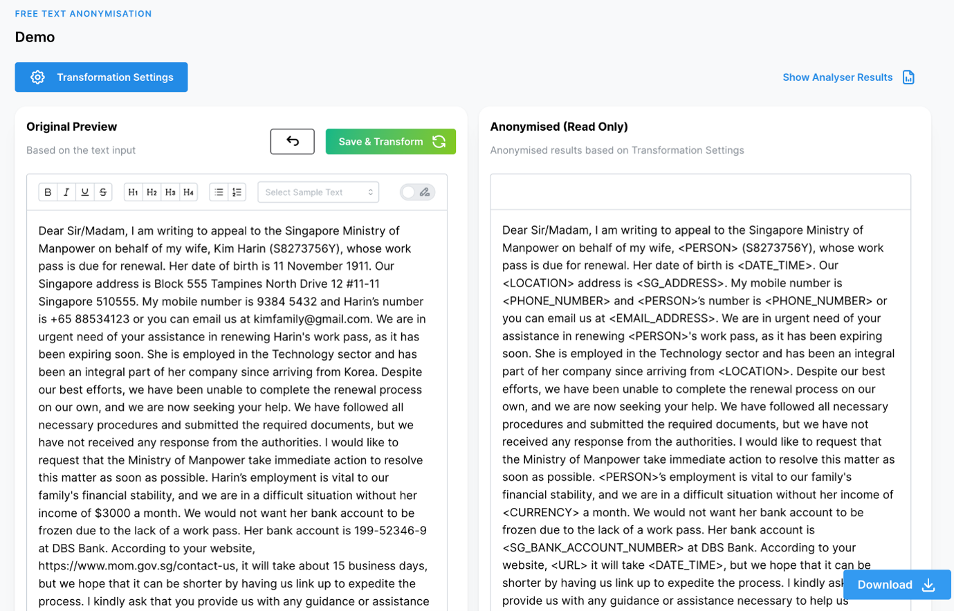 Transformation page, with a preview on the left and the anonymised text on the right