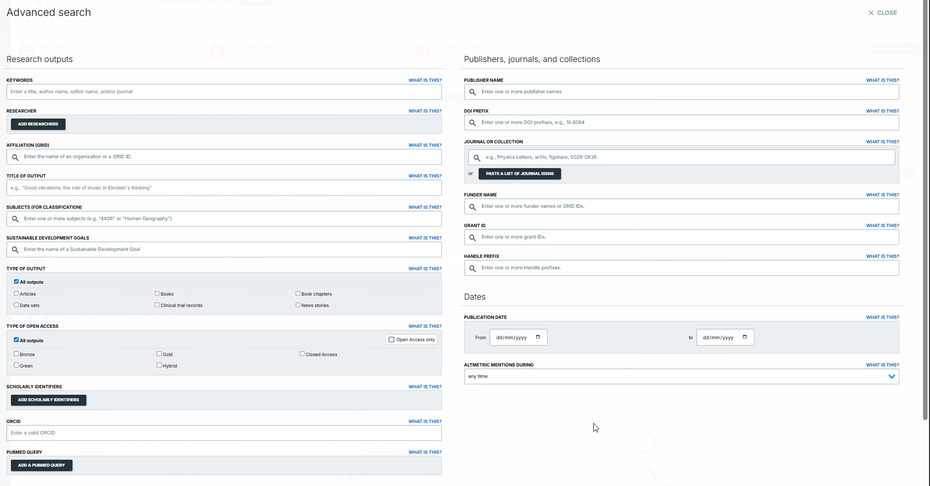 Advanced Search filter in Altmetric Explorer