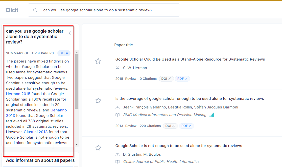 Sample query of the question and response from Elicit.org - Can you use Google Scholar alone to do systematic review?