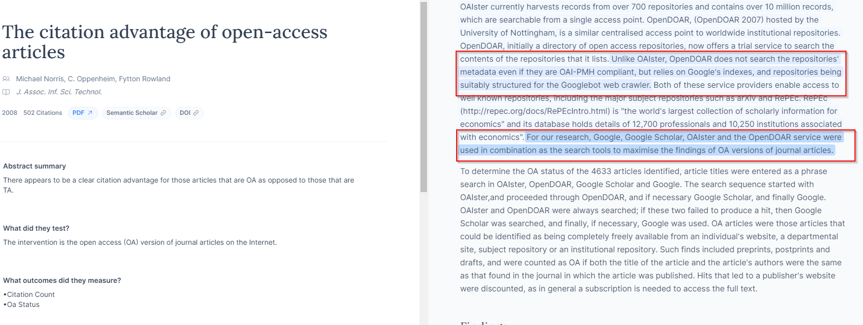 Elicit opens the article - the citation advantage of open-access articles and highlighted the text taken from the article