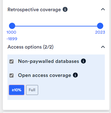 Filter access options: 1) Non-paywalled databases and 2) Open access coverage