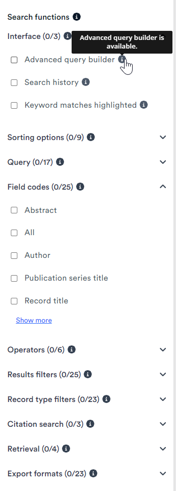 Filters include Interface, Sorting options, Query, Field codes, Operatiorsm Results filters, Record type filters, Citation search, Retrieval and Export formats