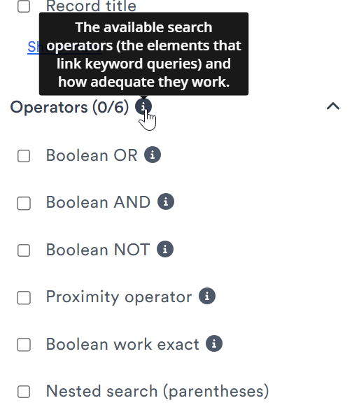 The categories under Operators include Boolean OR, Boolean AND, Boolean NOT, Proximity operator, Boolean work exact and Nested search (parentheses)