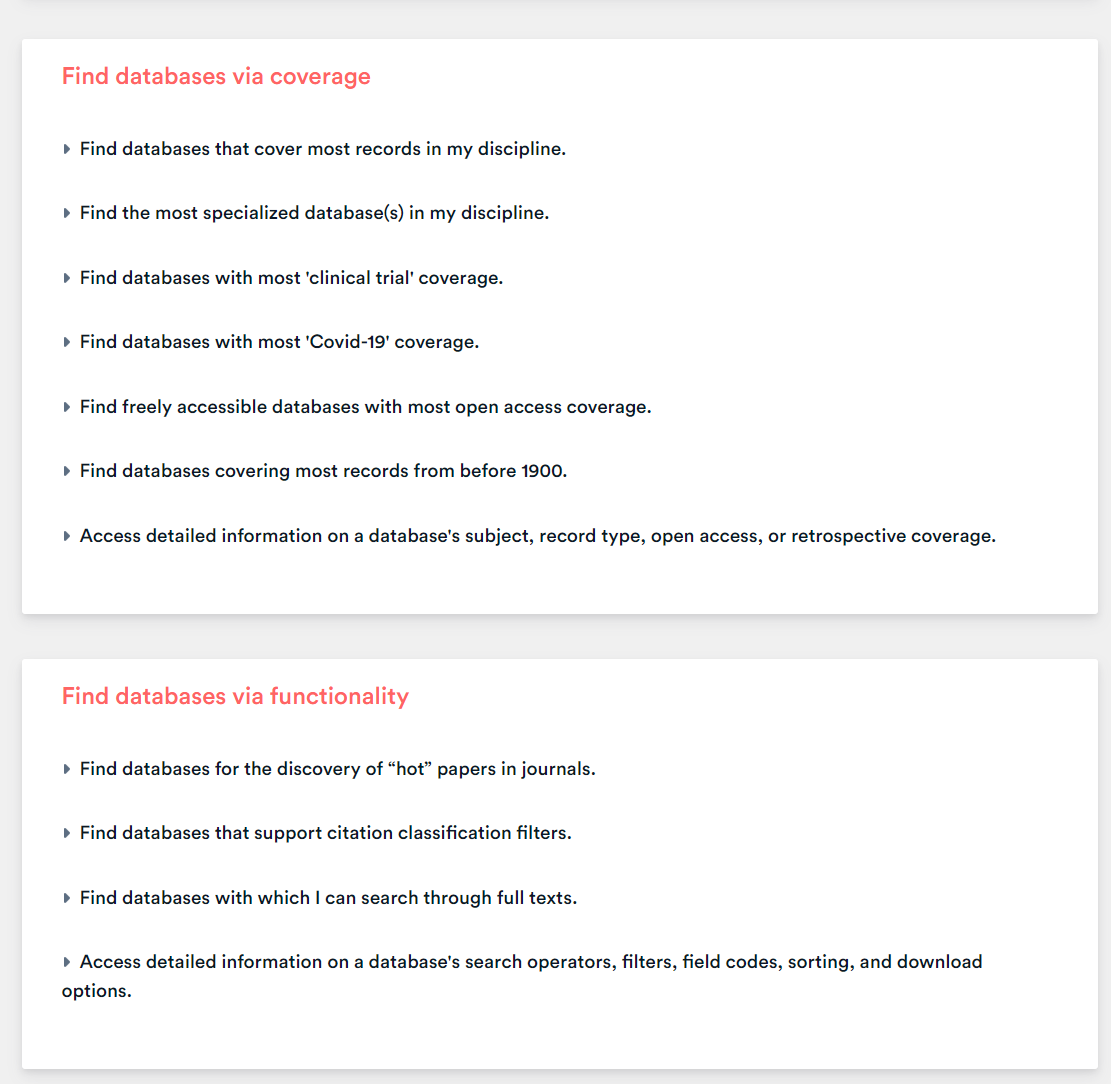Canned searches for Find databases via coverage include Find databases that cover most records in my discipline, Find the most specialised database(s) in my discipline, Find databases with most 'clinical trial' coverage