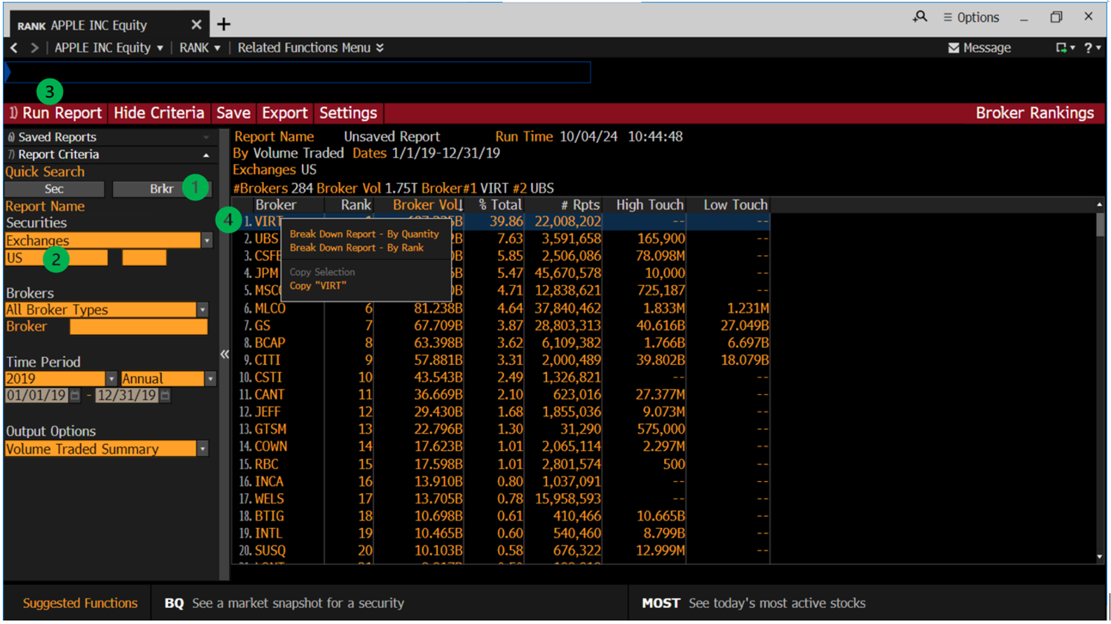 Bloomberg RANK screen showing broker rankings