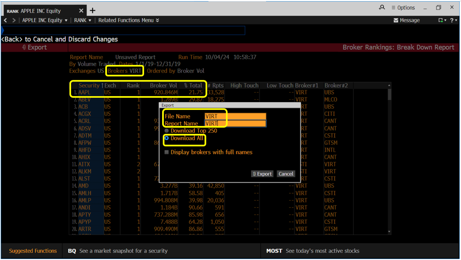 Bloomberg breakdown report screen