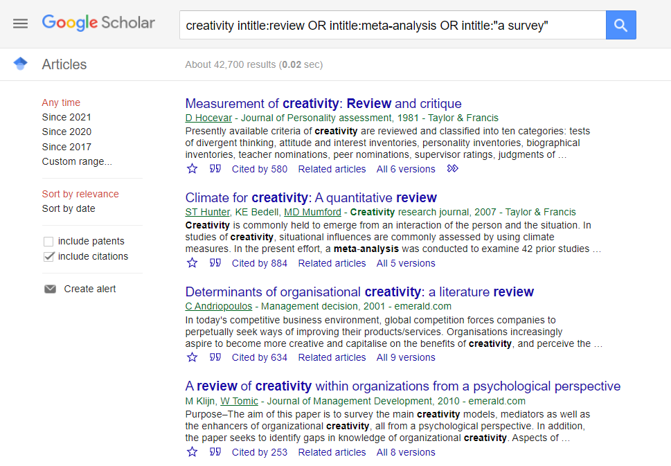 Keyword search for reviews, meta-analysis in Google Scholar