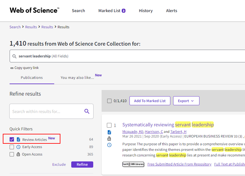 Filtering to Review articles in Web of Science