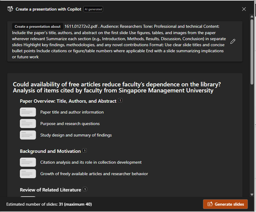 Microsoft Copilot outline generation